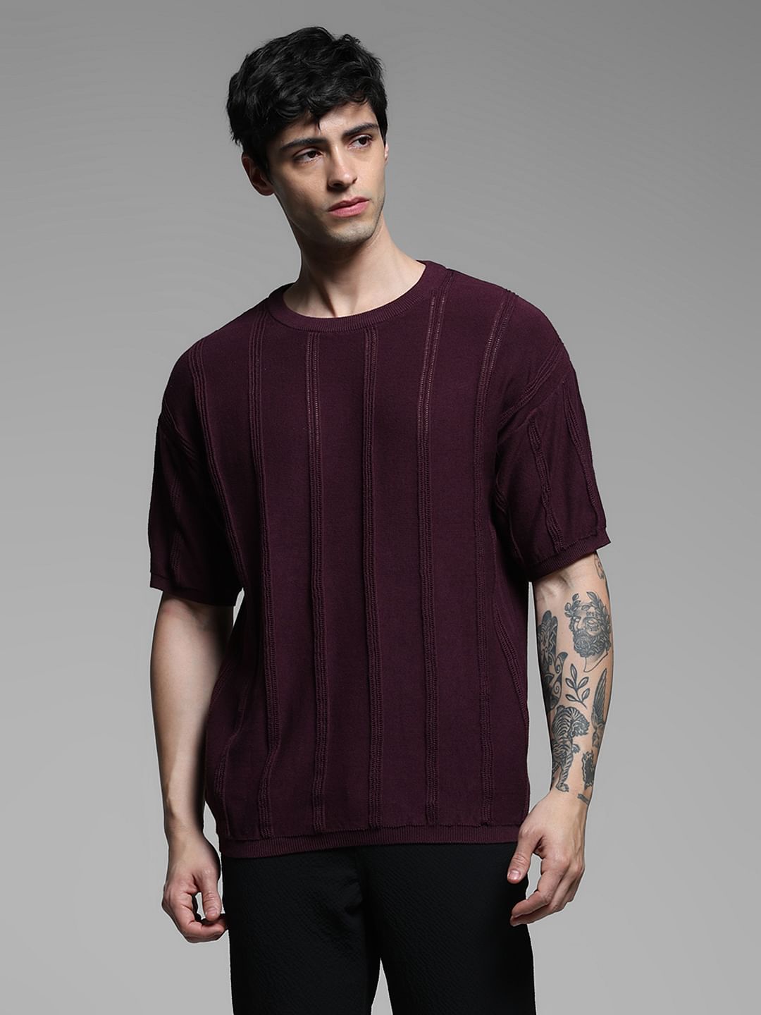 Dark Purple Knitted Crew Neck T-shirt