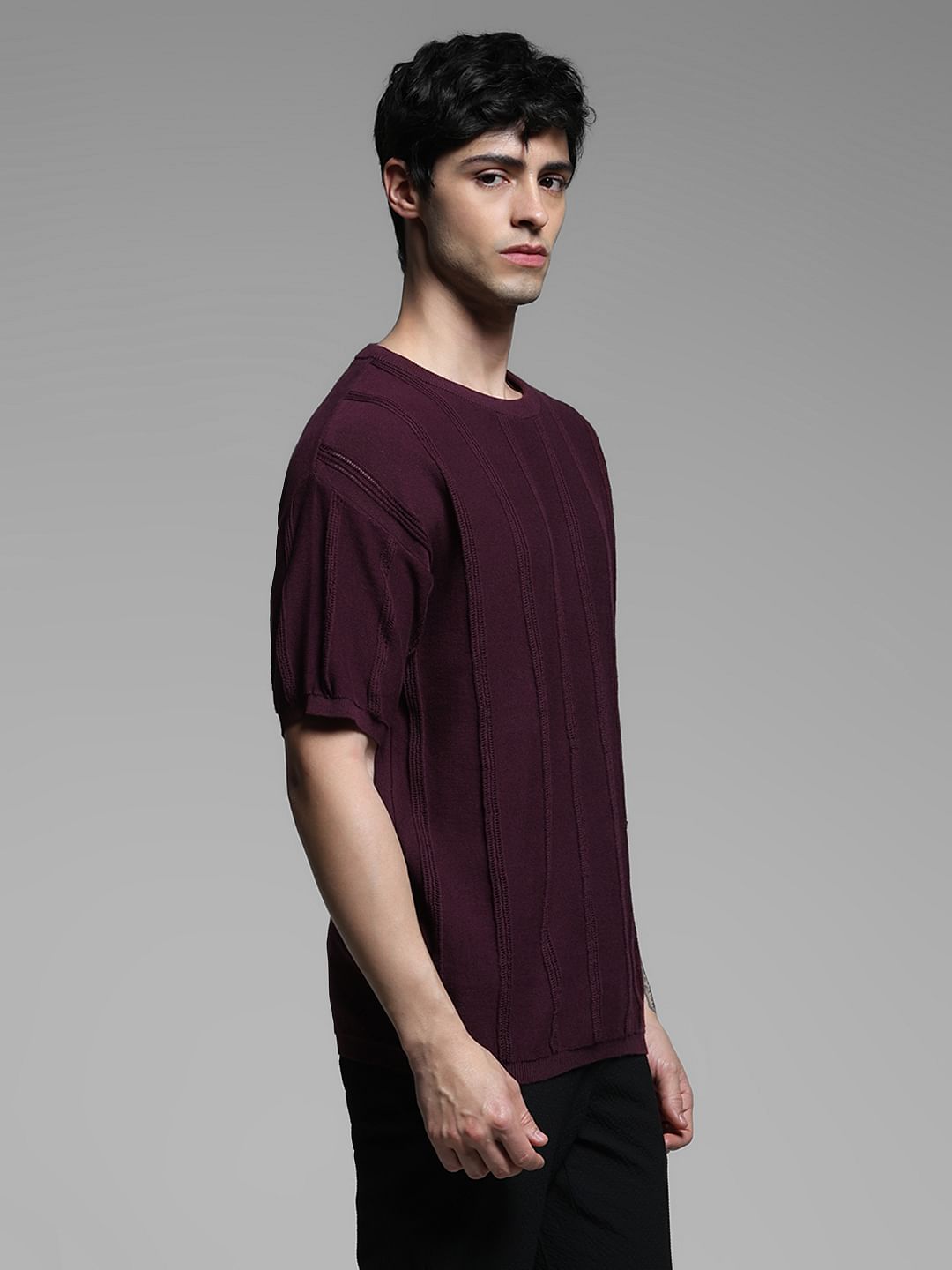Dark Purple Knitted Crew Neck T-shirt