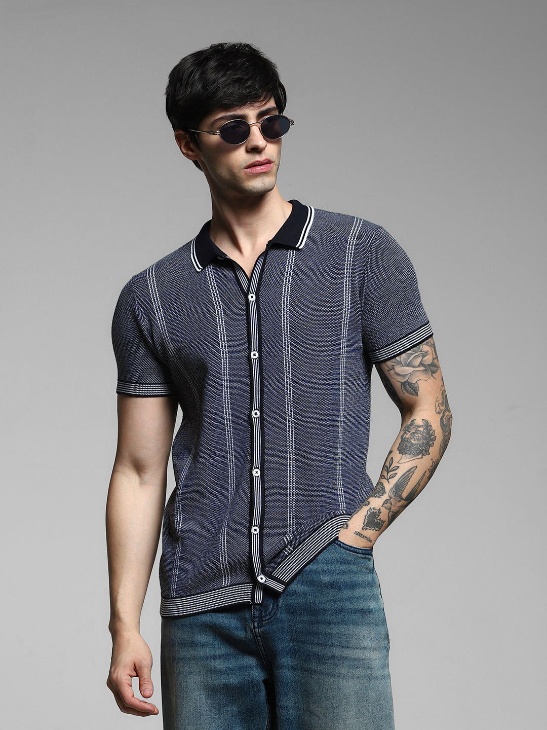 Navy Front Open Knit Polo