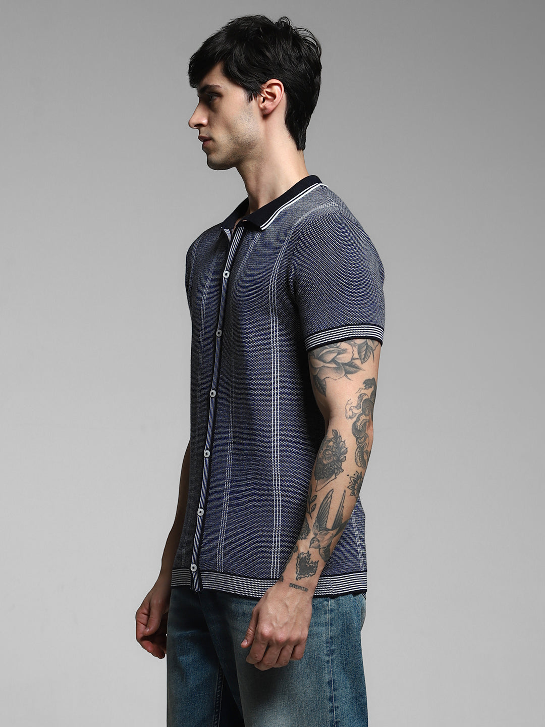 Navy Front Open Knit Polo