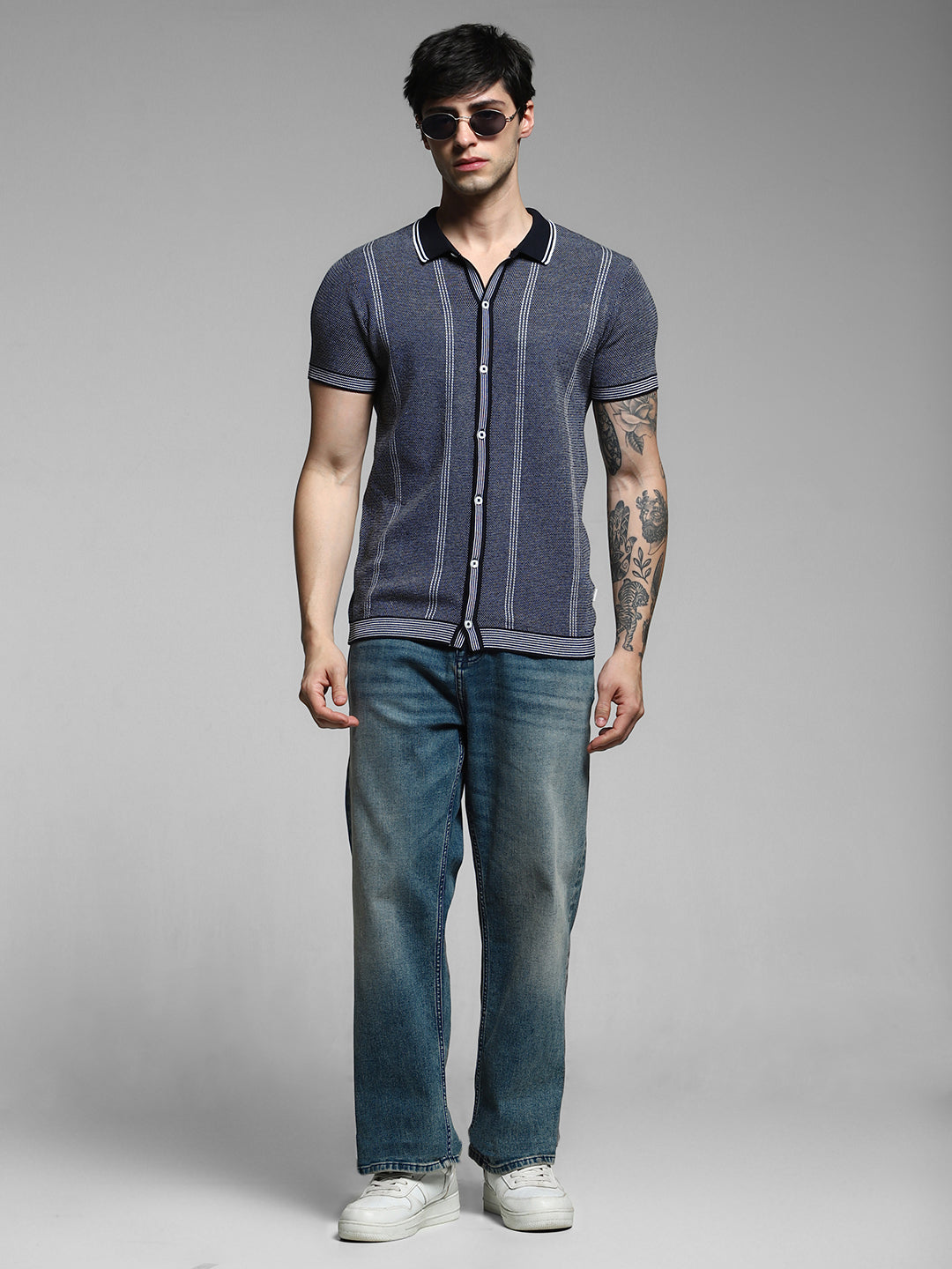 Navy Front Open Knit Polo