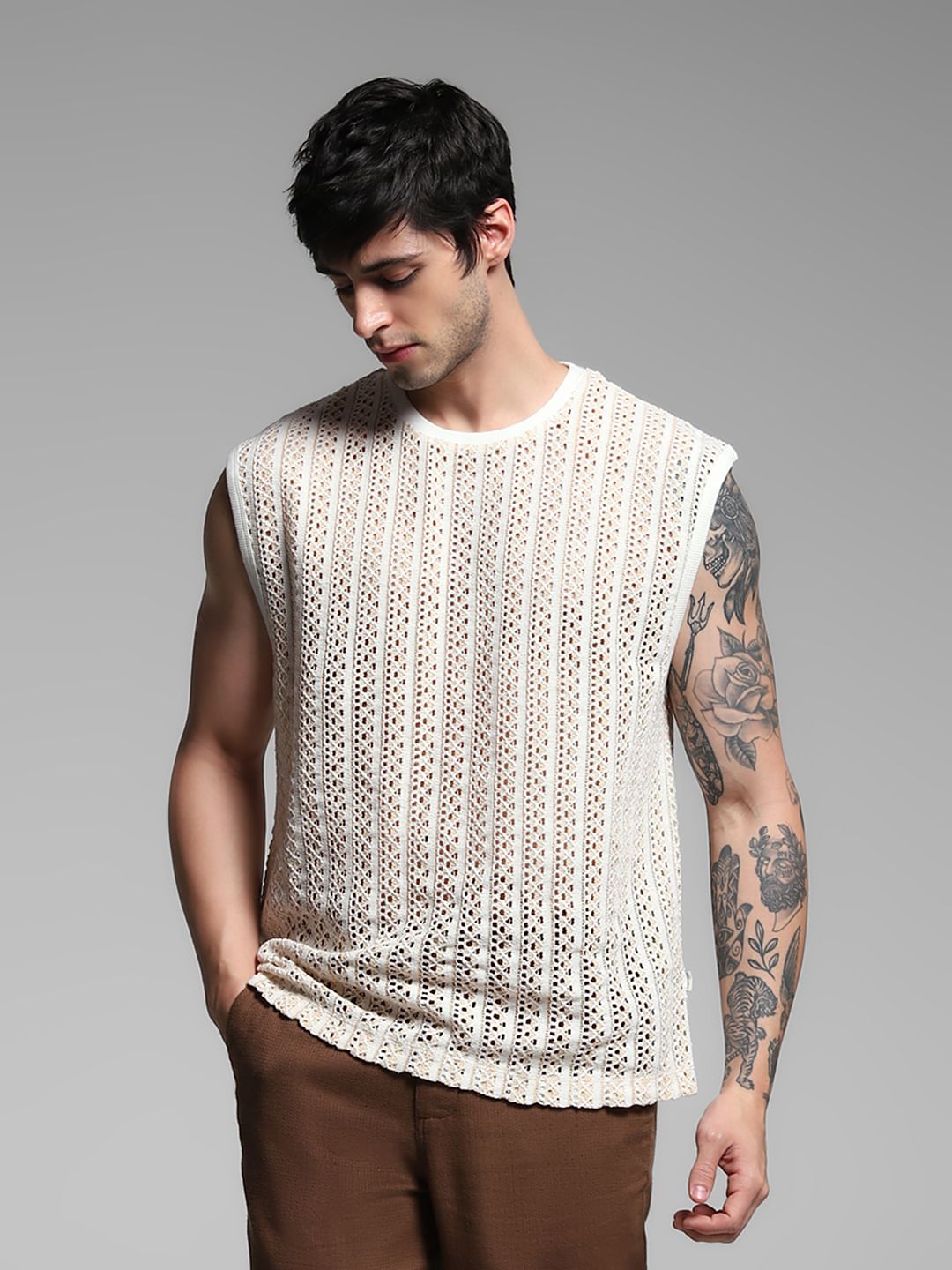 Light Brown Knitted Crew Neck Vest