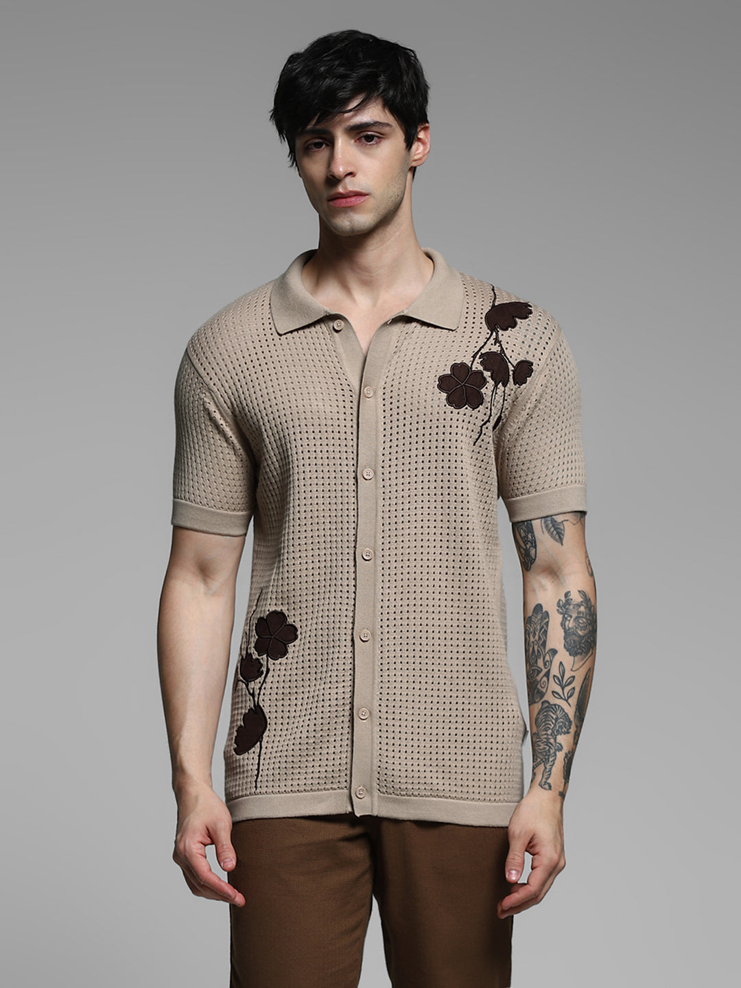 Brown Applique Front Open Polo