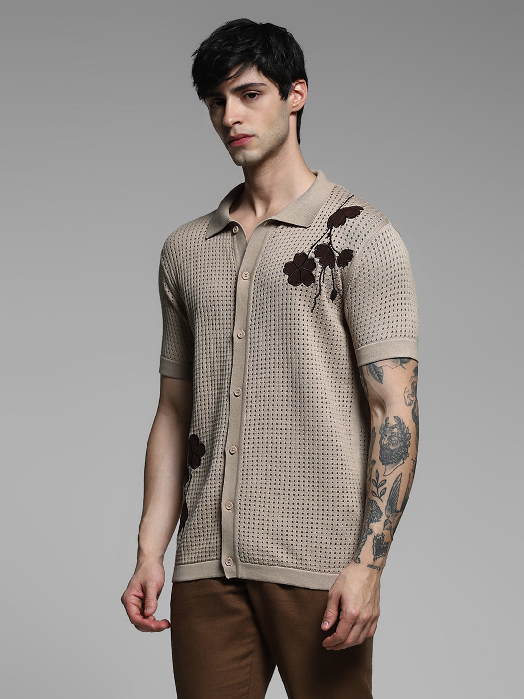 Brown Applique Front Open Polo