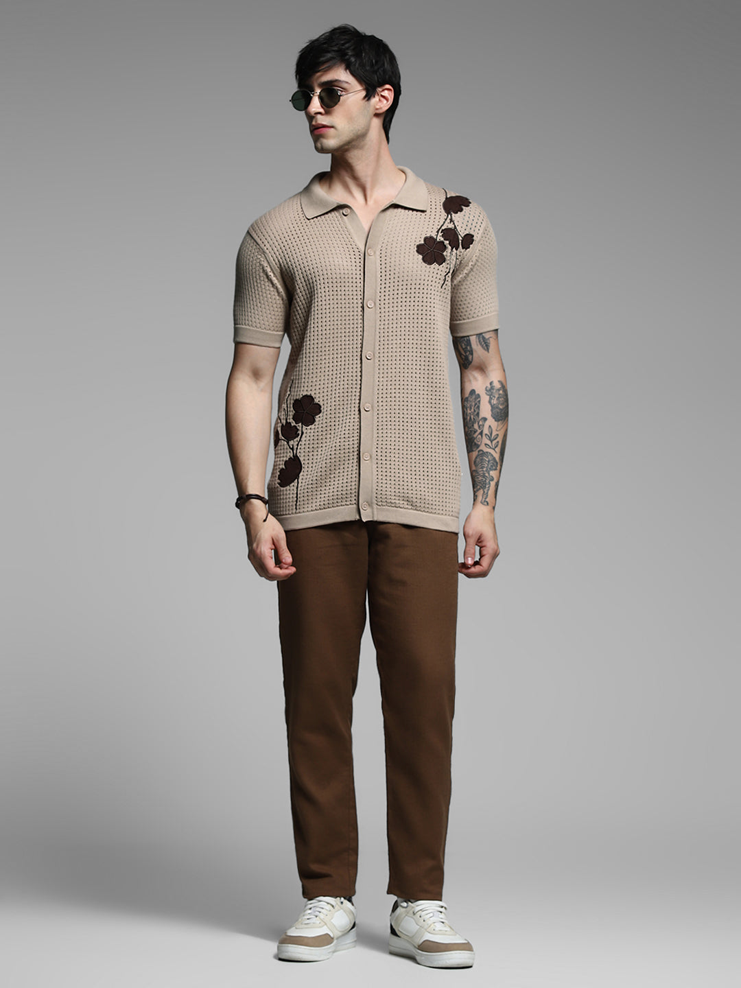 Brown Applique Front Open Polo