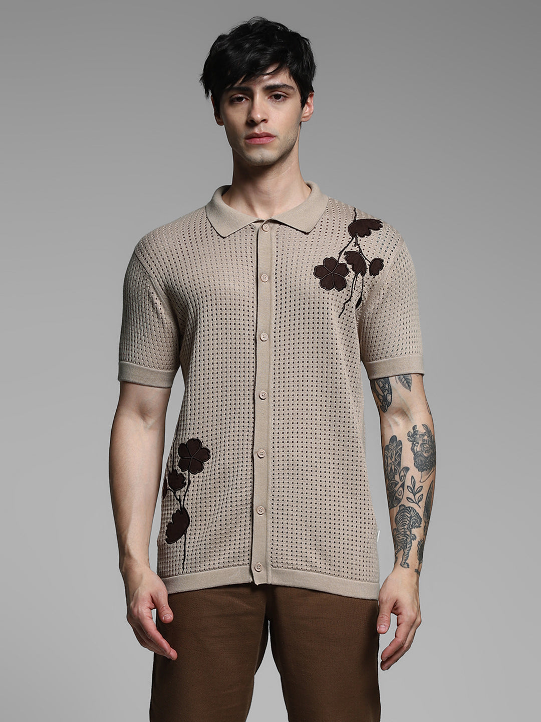 Brown Applique Front Open Polo