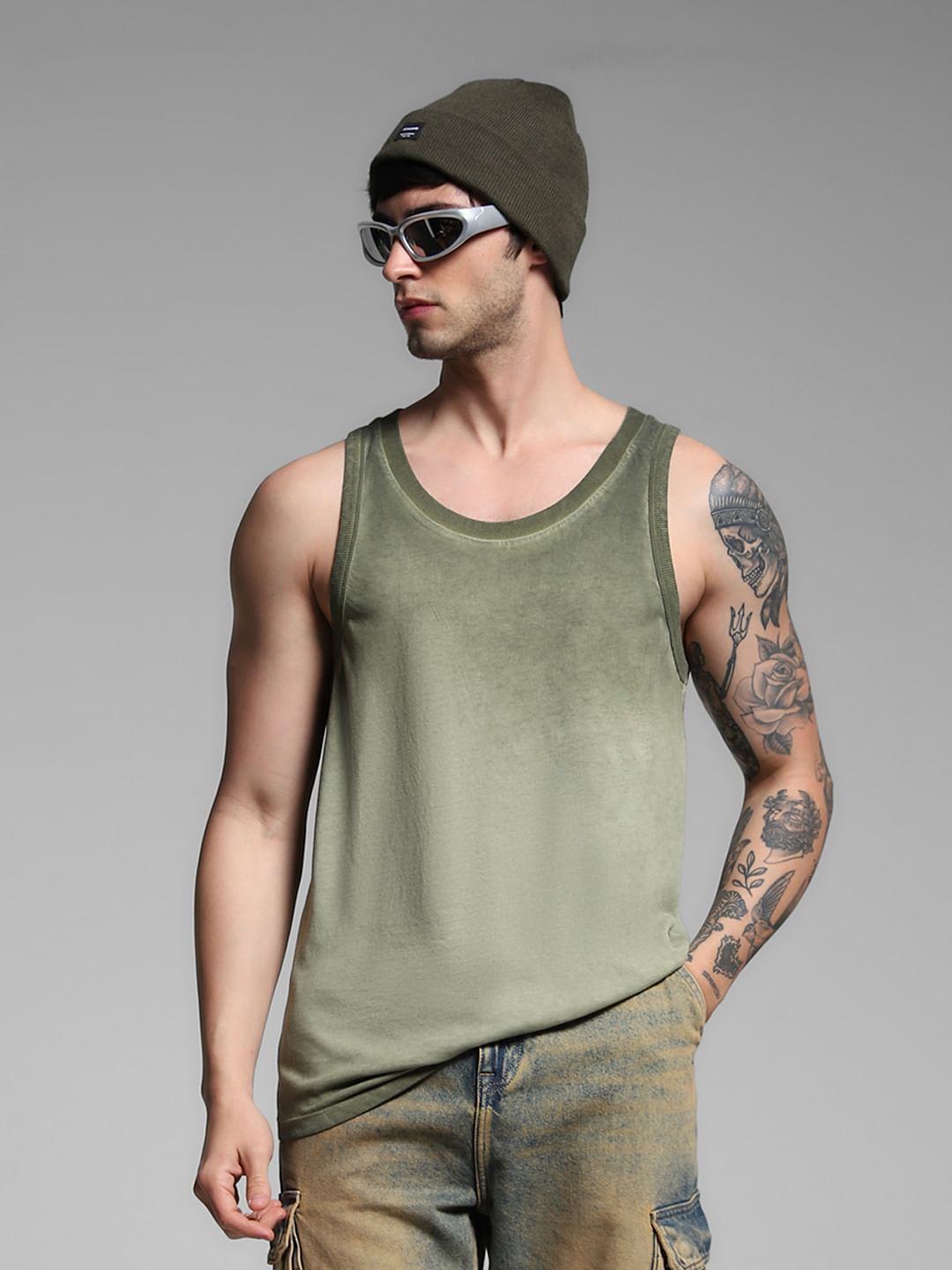 Green Washed Crew Neck Cotton Vest