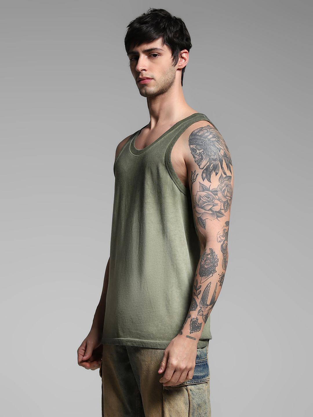 Green Washed Crew Neck Cotton Vest