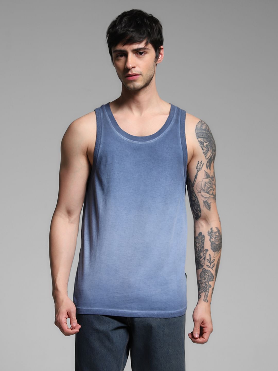 Blue Washed Crew Neck Cotton Vest
