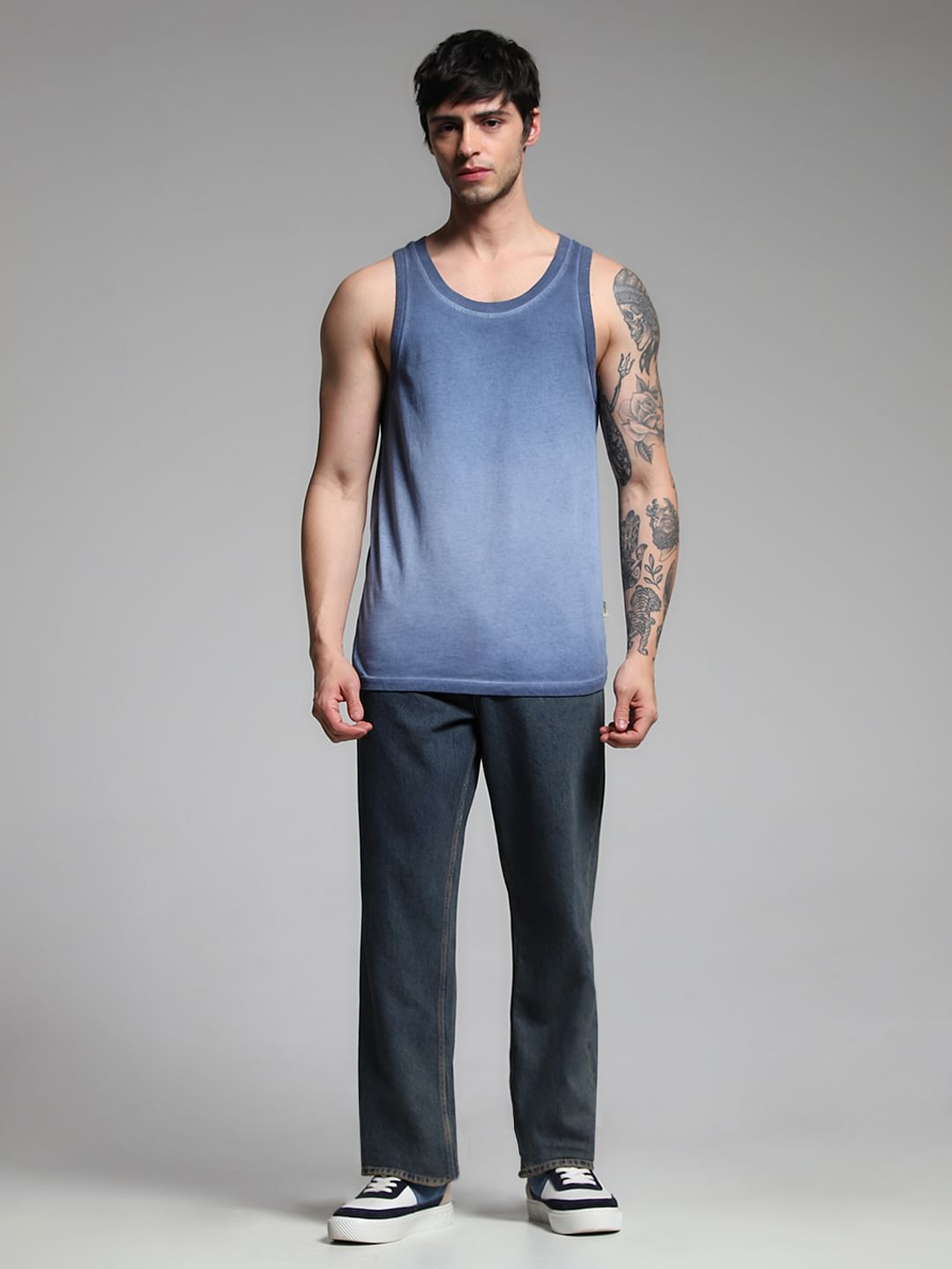 Blue Washed Crew Neck Cotton Vest