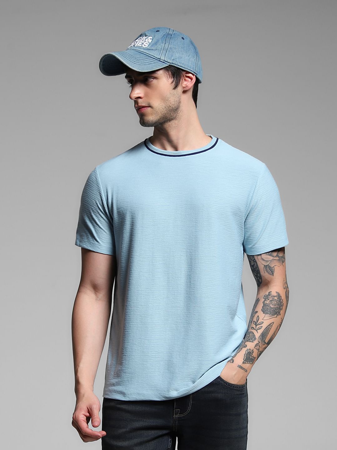 Light Blue Jacquard Crew Neck T-shirt