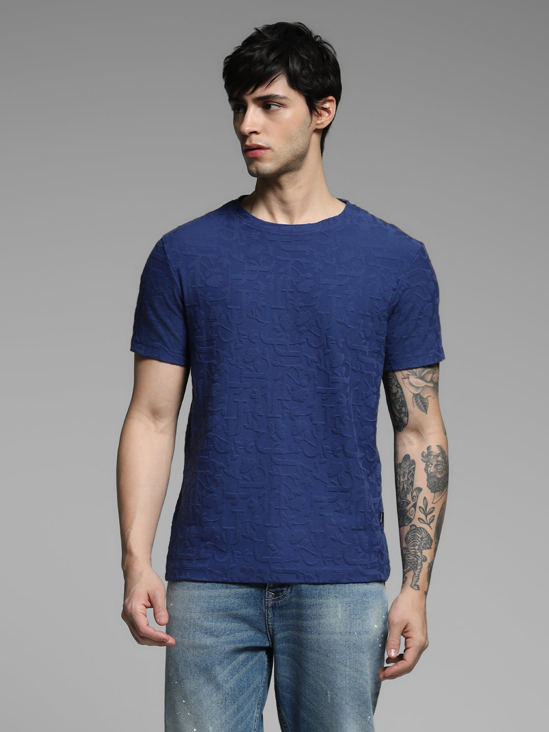 Men's Navy Blue Jacquard Crew Neck Regular Fit T-Shirt