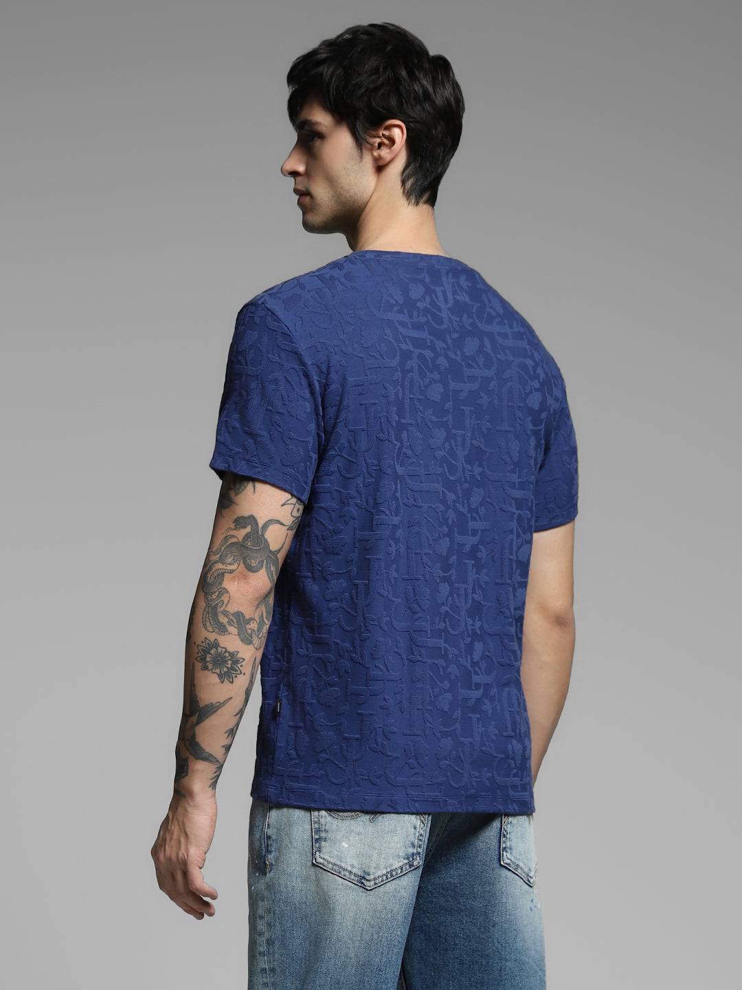 Men's Navy Blue Jacquard Crew Neck Regular Fit T-Shirt