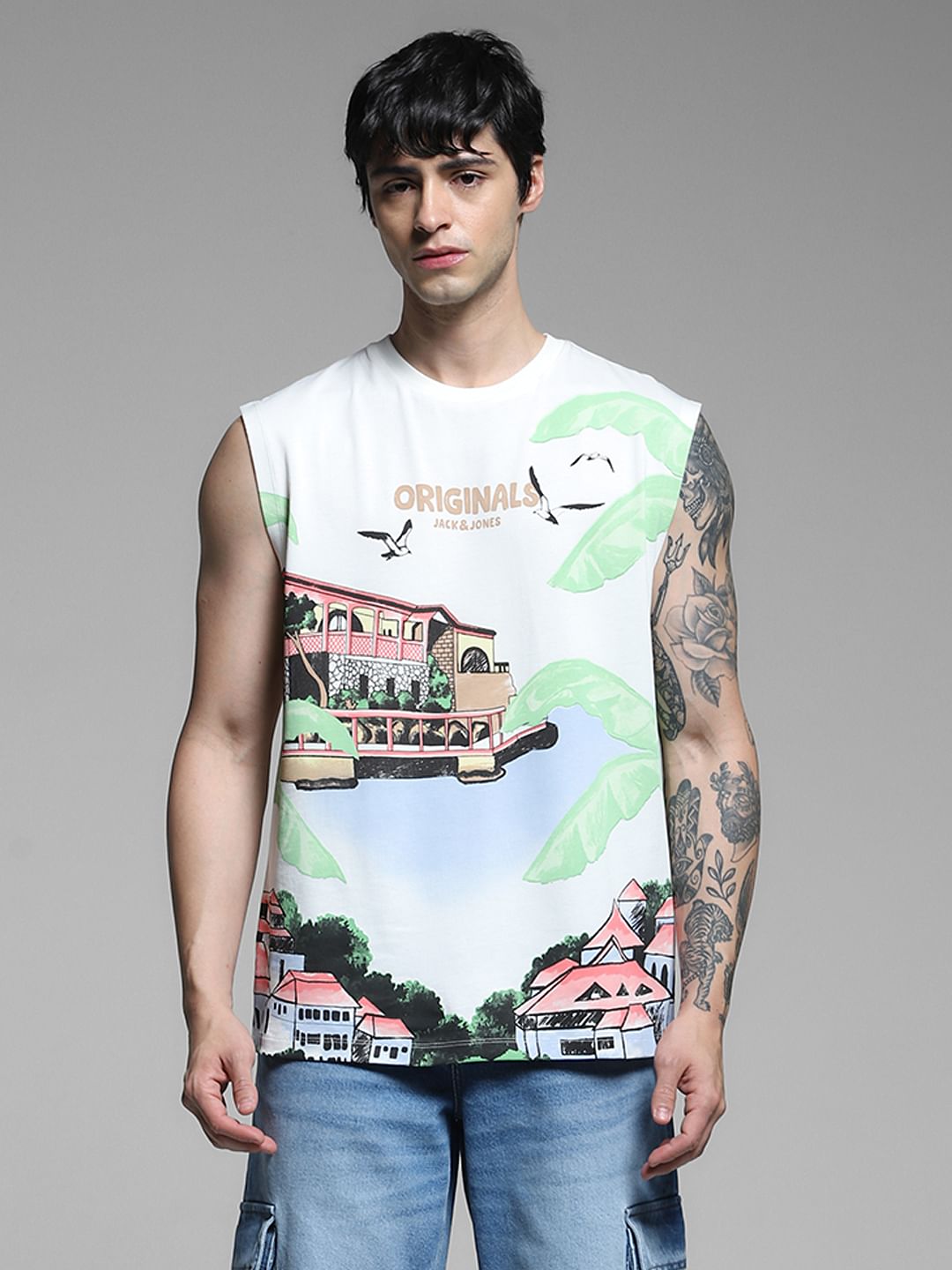 White Graphic Print Cotton Vest