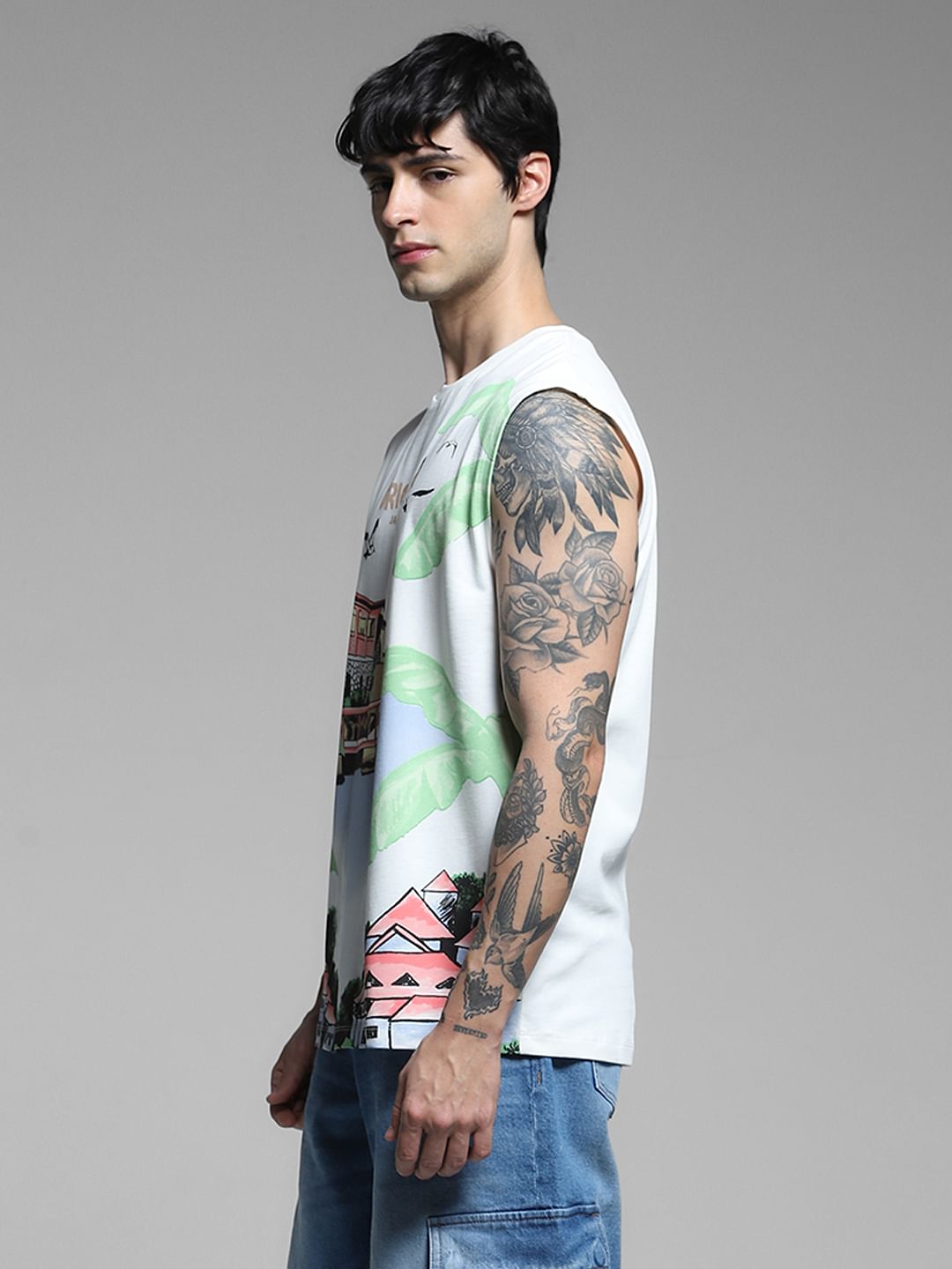 White Graphic Print Cotton Vest