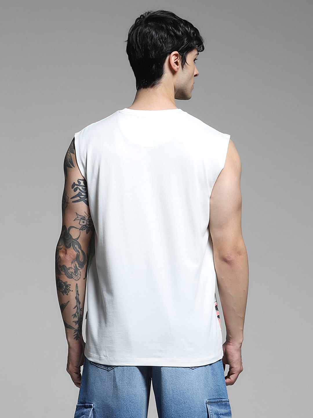 White Graphic Print Cotton Vest