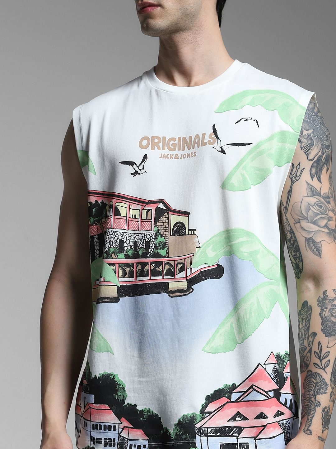 White Graphic Print Cotton Vest