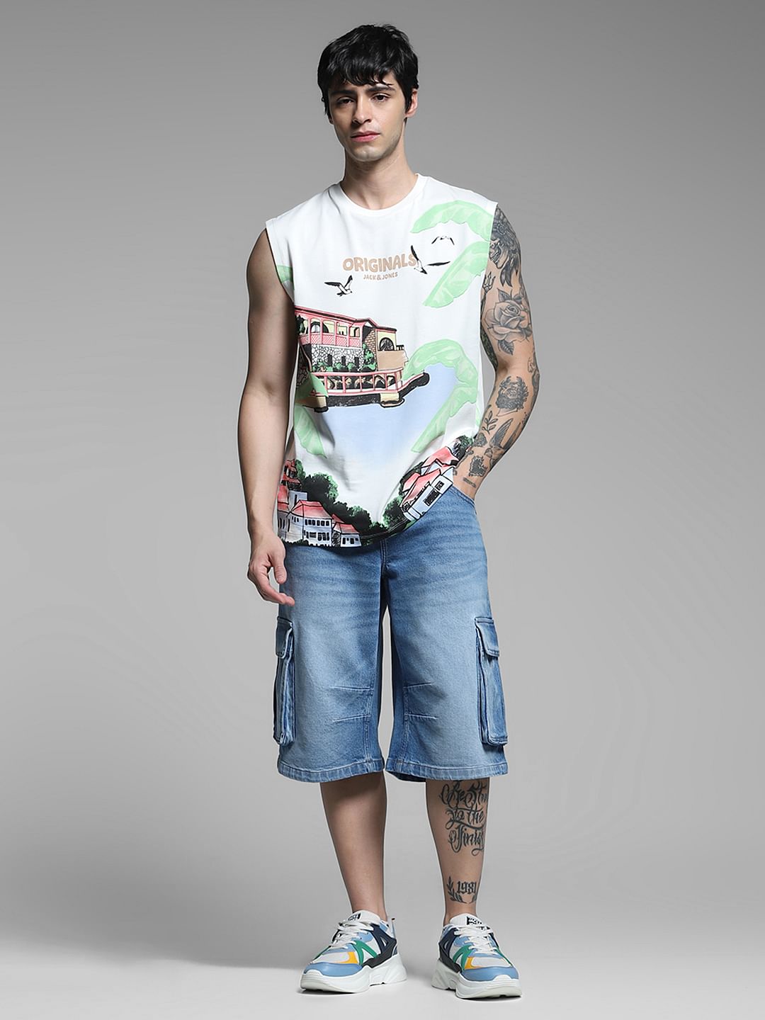 White Graphic Print Cotton Vest