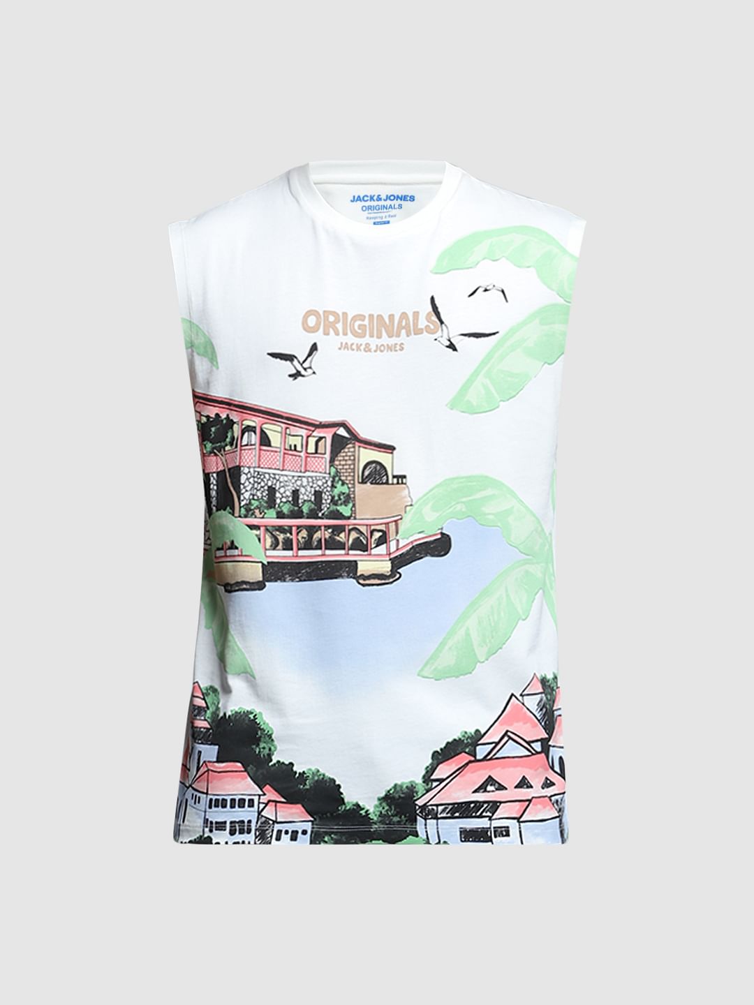 White Graphic Print Cotton Vest