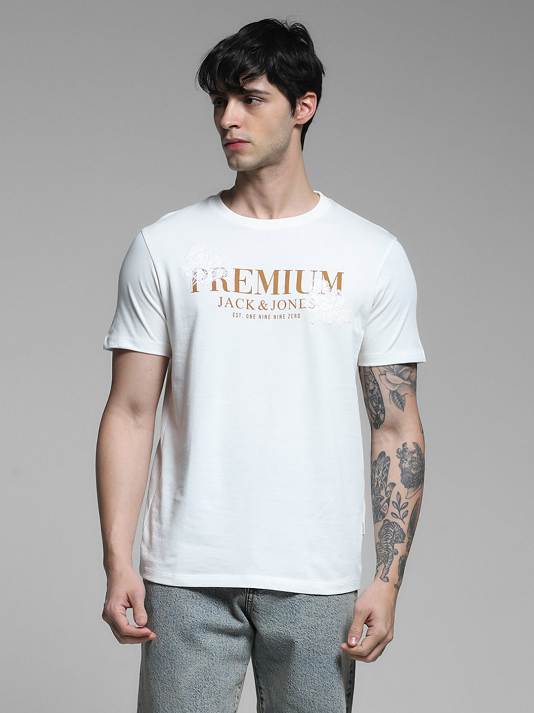 JACK&JONES White Regular Fit Typography T-Shirts