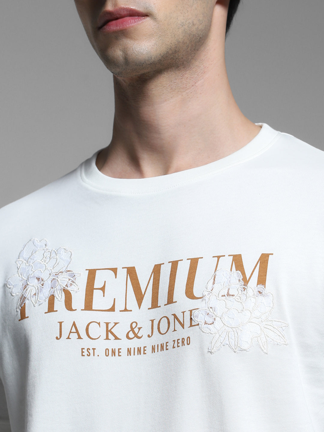 JACK&JONES White Regular Fit Typography T-Shirts