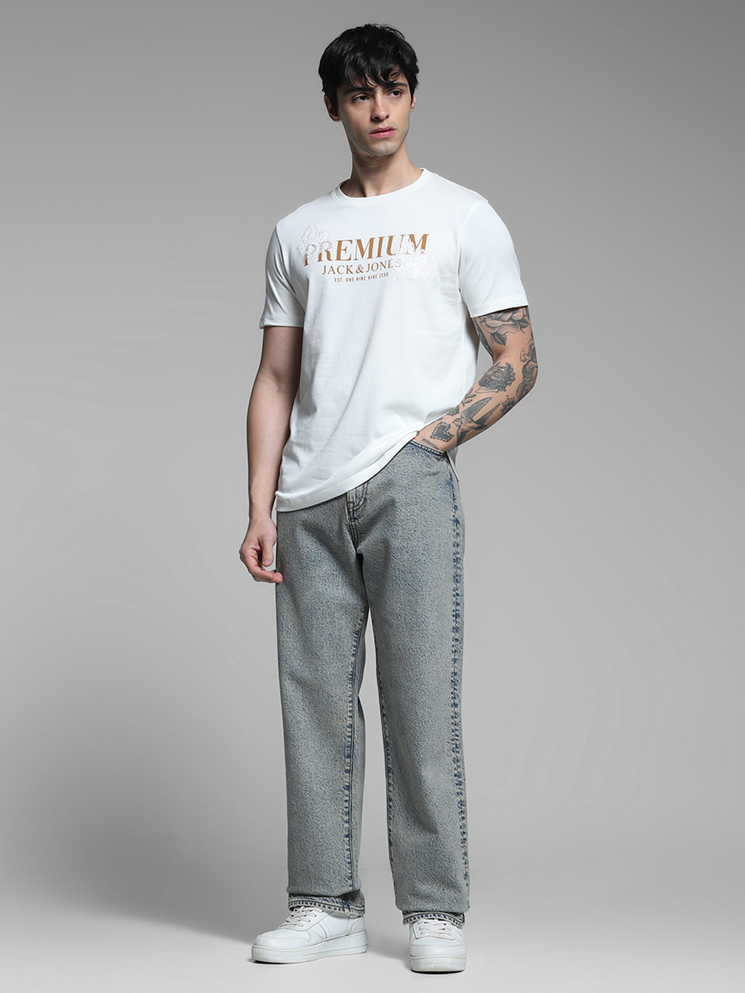 JACK&JONES White Regular Fit Typography T-Shirts