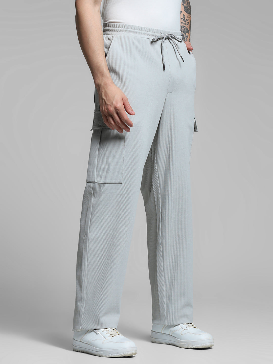 Grey Mid Rise Regular Fit Cargos