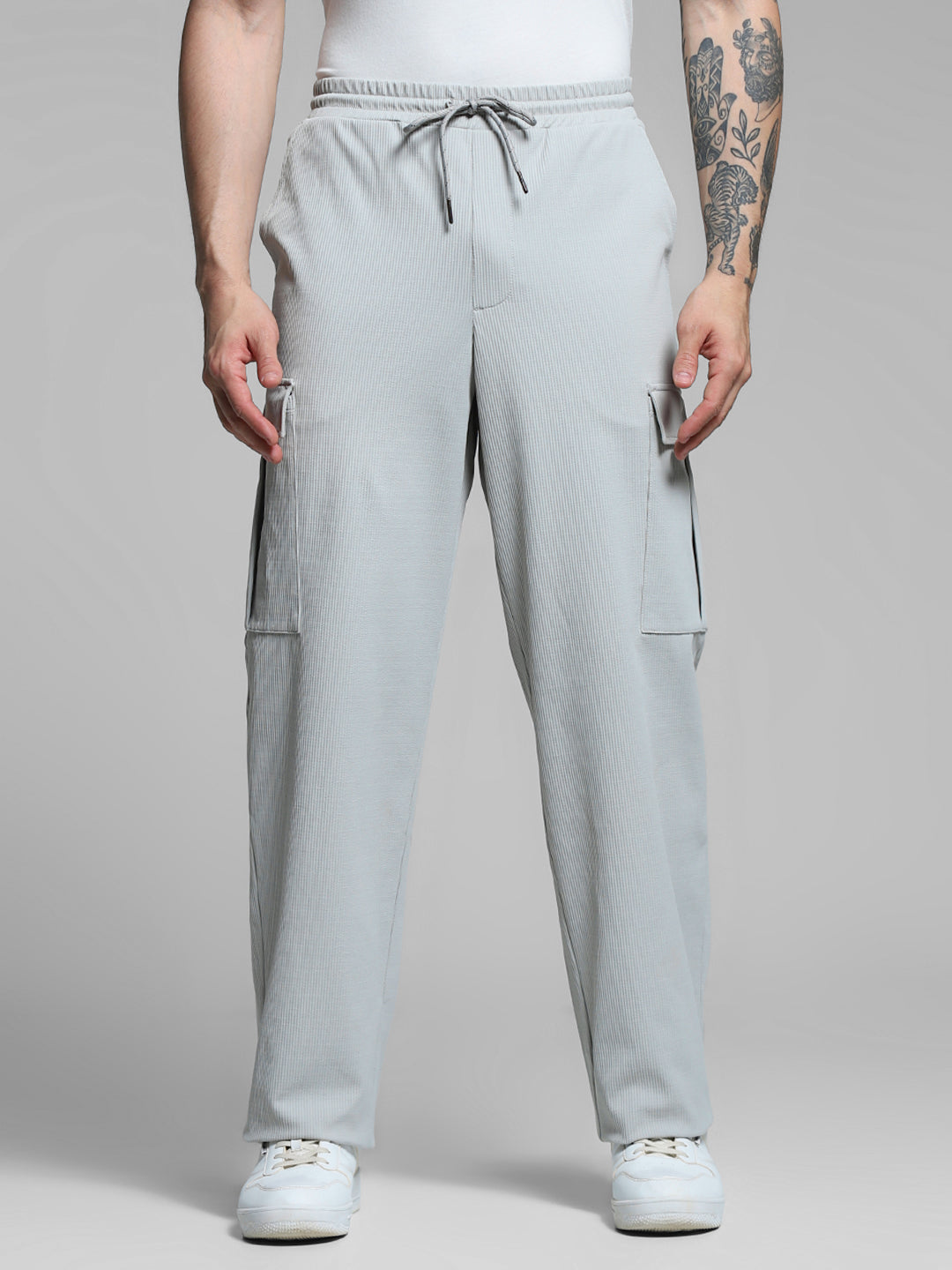 Grey Mid Rise Regular Fit Cargos