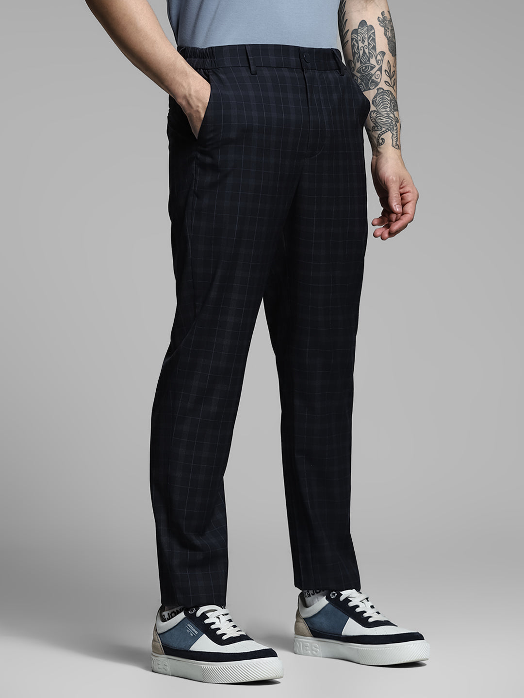 Navy Blue Check Print Pants