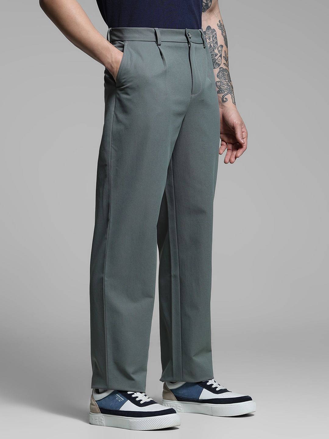 Green Mid Rise Loose Fit Pants