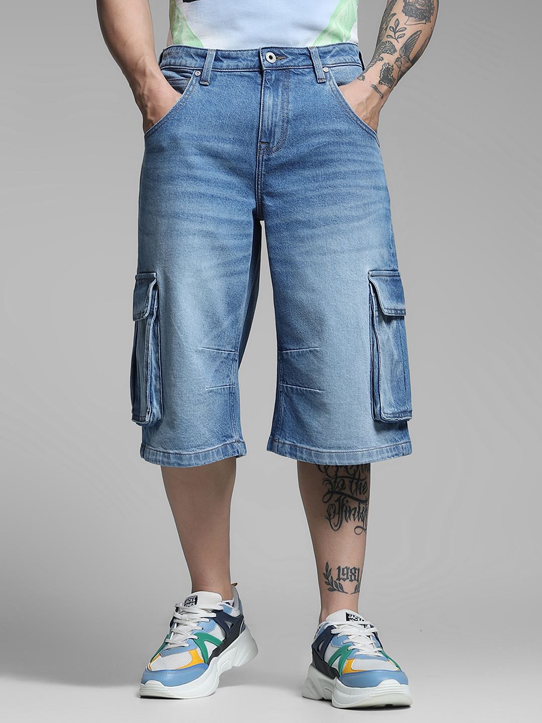 Blue Mid Rise Denim Cargo Shorts