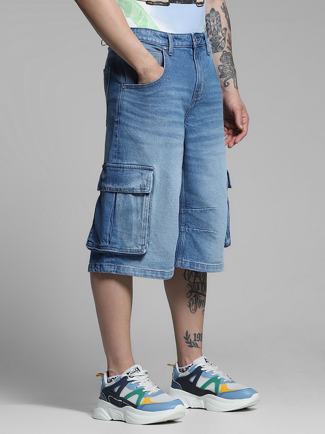 Blue Mid Rise Denim Cargo Shorts