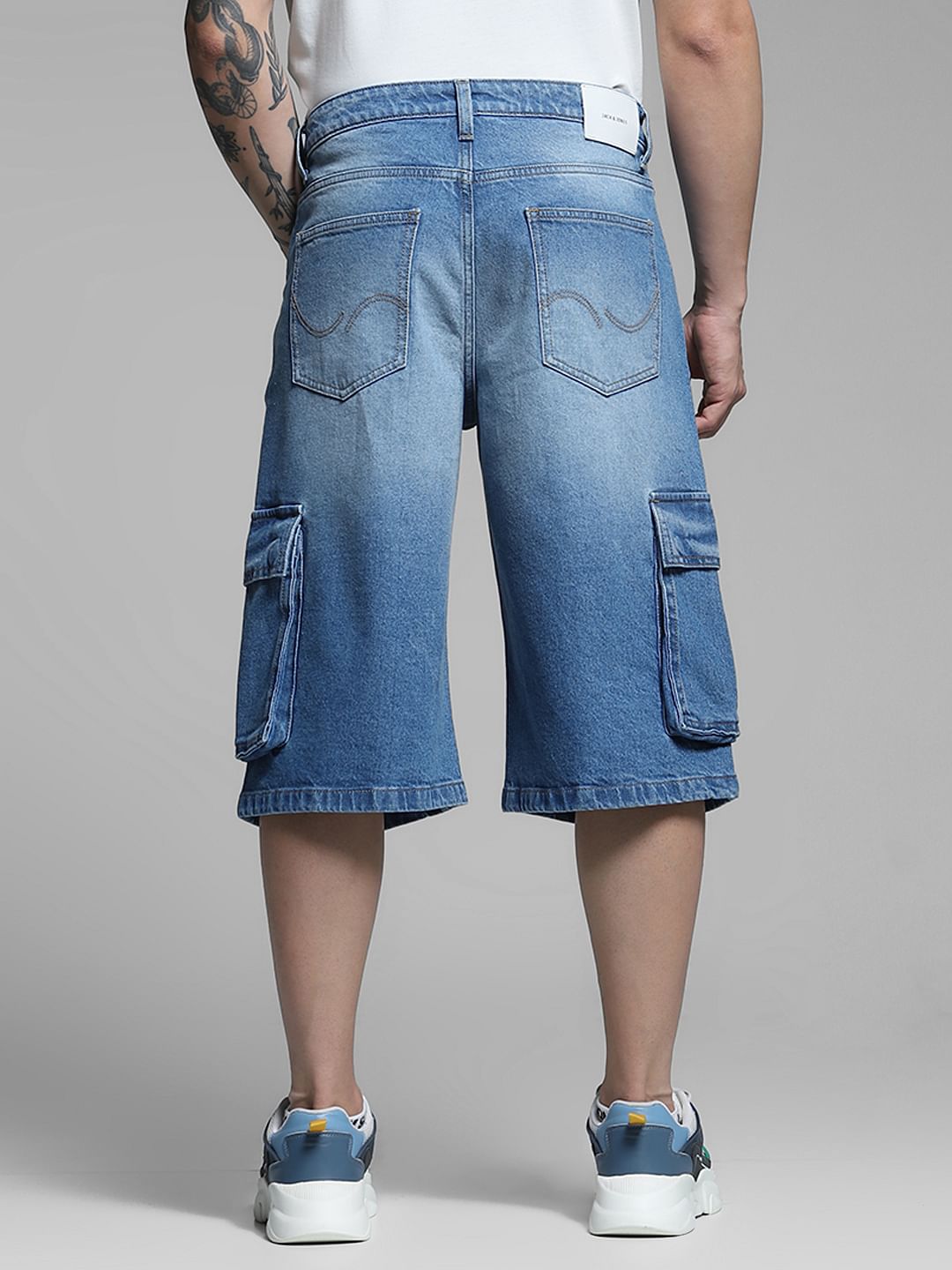 Blue Mid Rise Denim Cargo Shorts