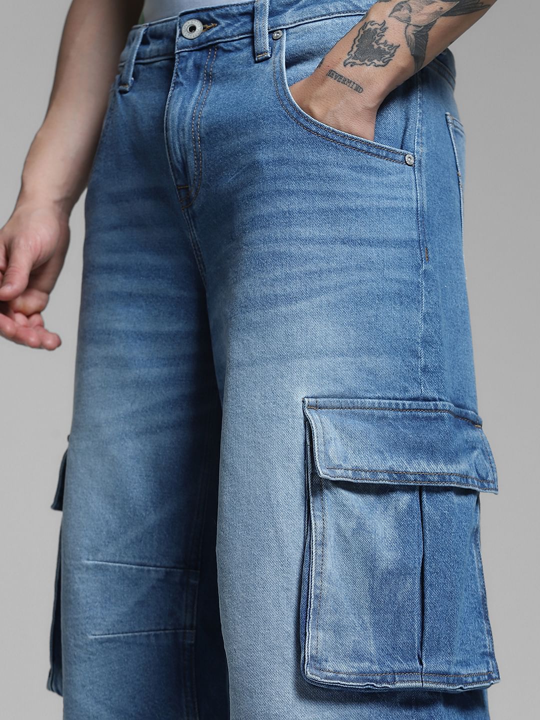 Blue Mid Rise Denim Cargo Shorts