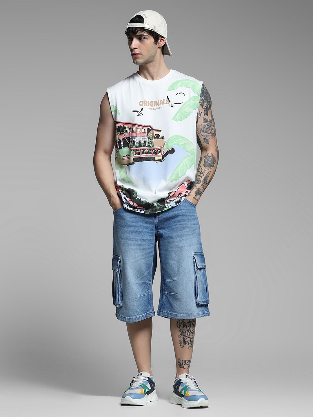 Blue Mid Rise Denim Cargo Shorts