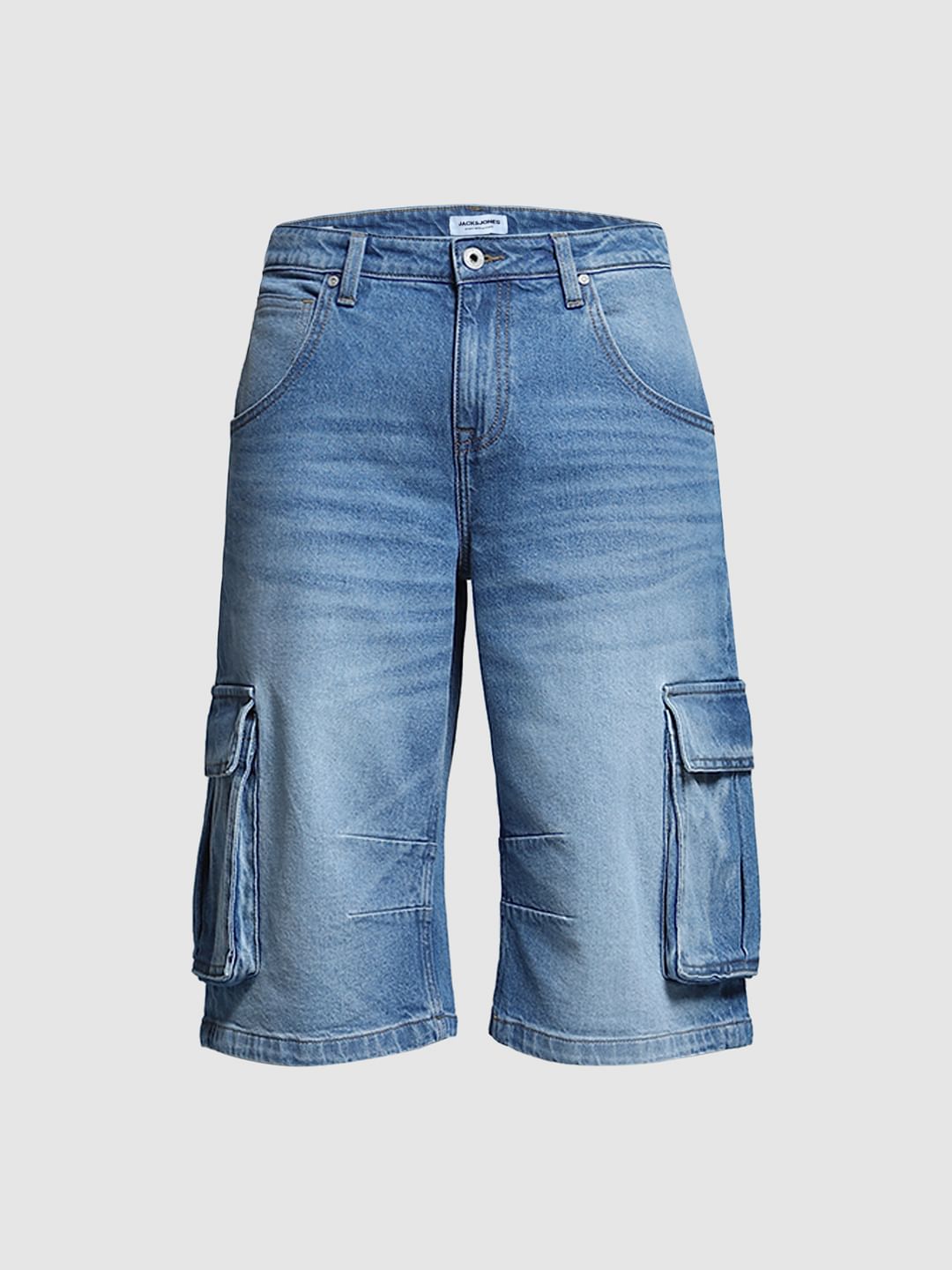 Blue Mid Rise Denim Cargo Shorts