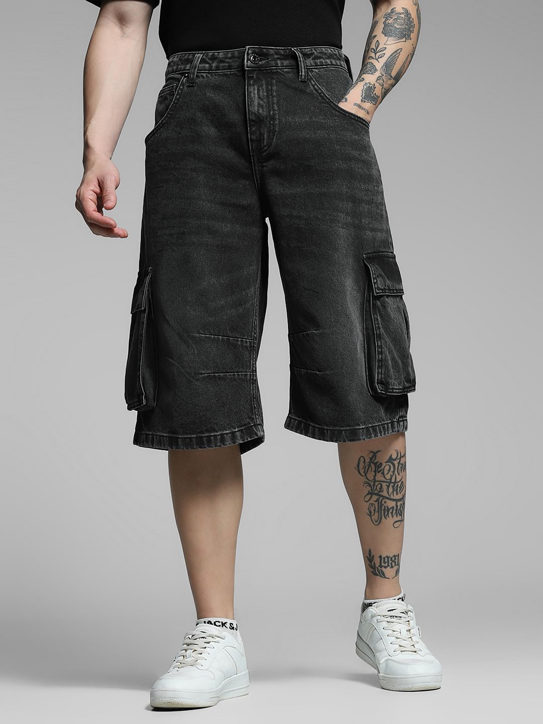 Black Korean Cargo Denim Shorts