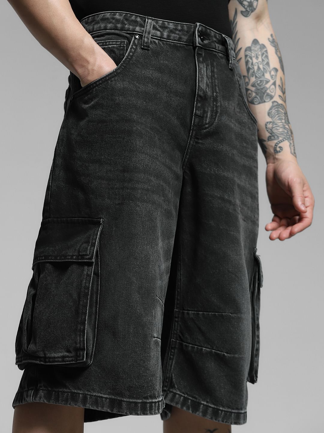 Black Korean Cargo Denim Shorts