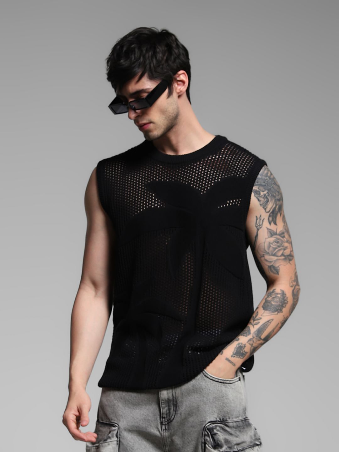 Black Knitted Sleeveless T-shirt