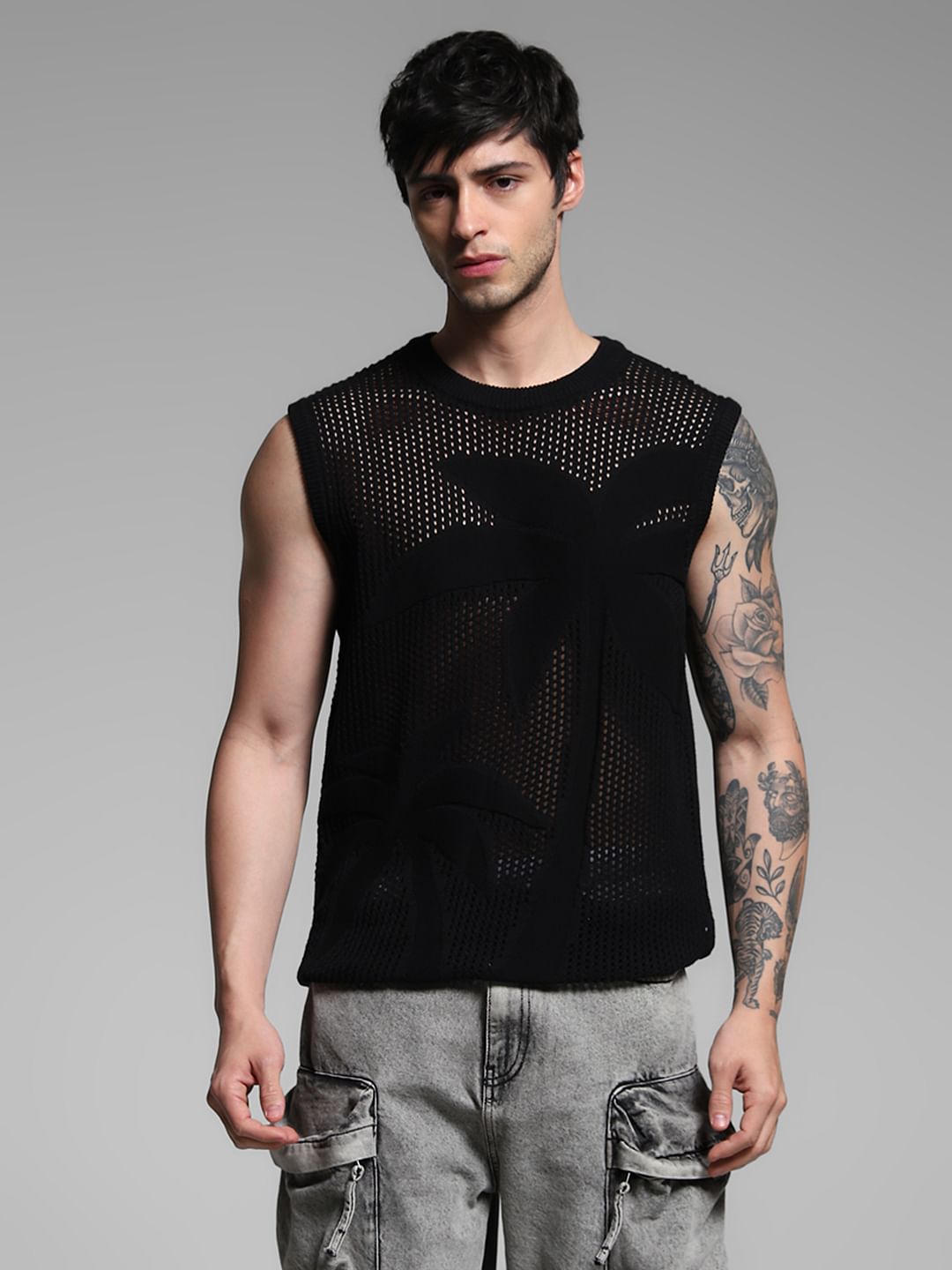 Black Knitted Sleeveless T-shirt