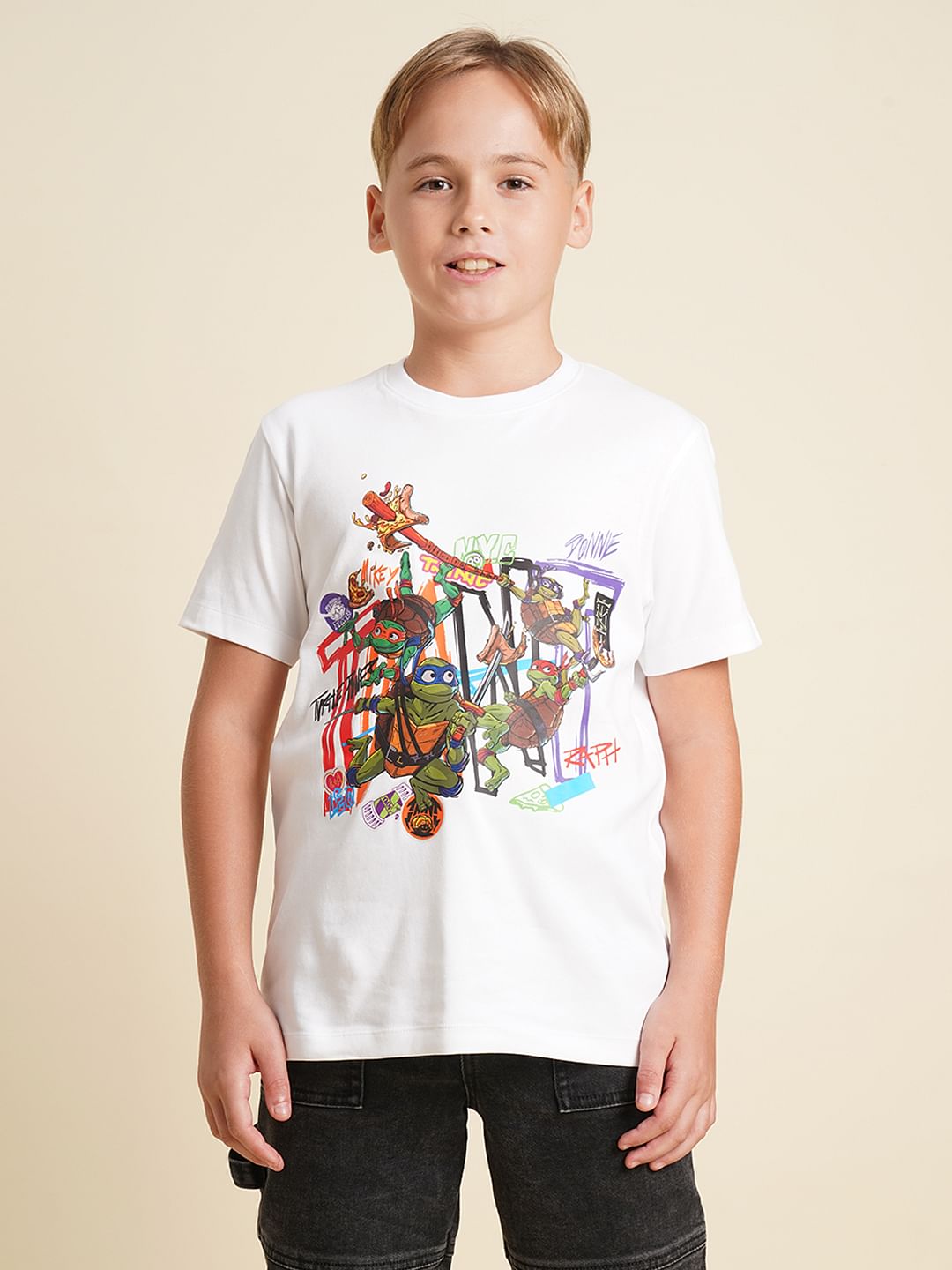 Boys White Ninja Turtles Print T-shirt