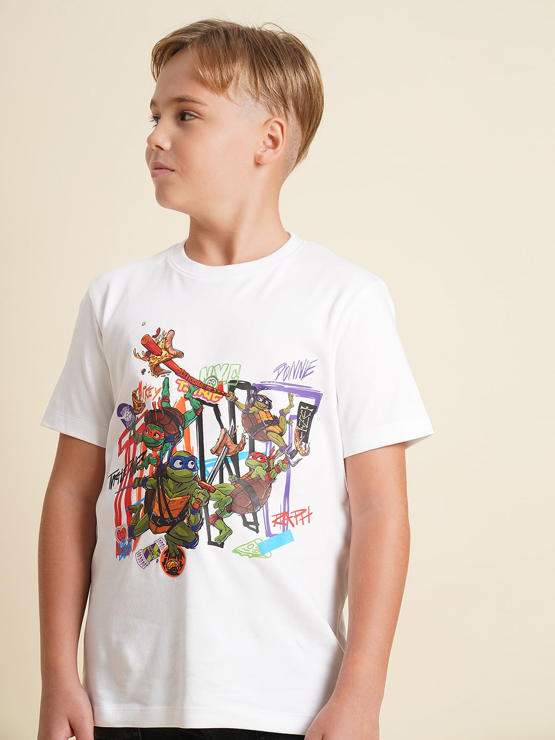 Boys White Ninja Turtles Print T-shirt