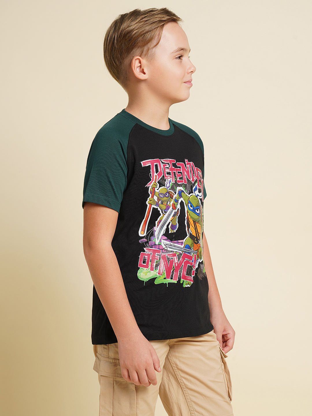 Boys Cotton Jet Black Graphic Chest Print Raglan T-Shirt