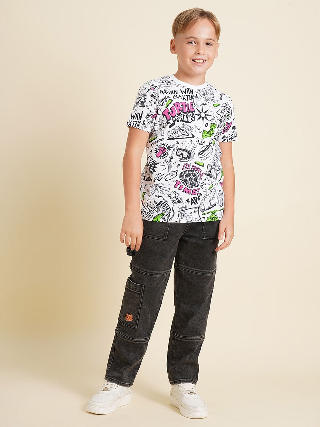 Boys White Ninja Turtles Doodle Print T-shirt