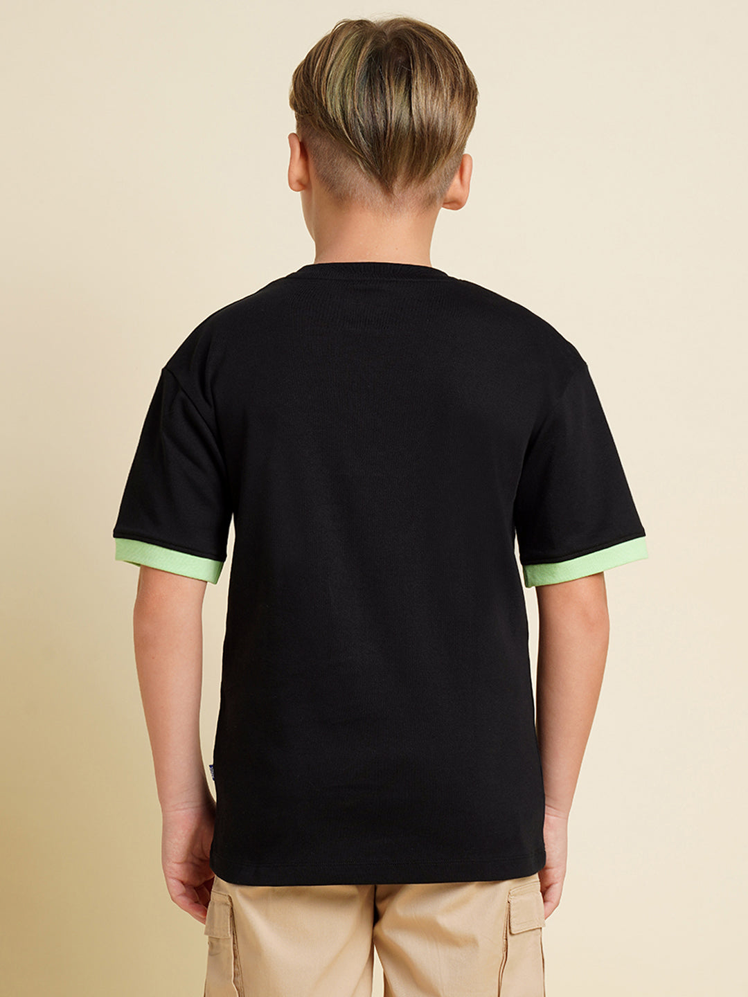 Boys Cotton Graphic Print T-Shirt In Jet Black With Contrast Cuffs