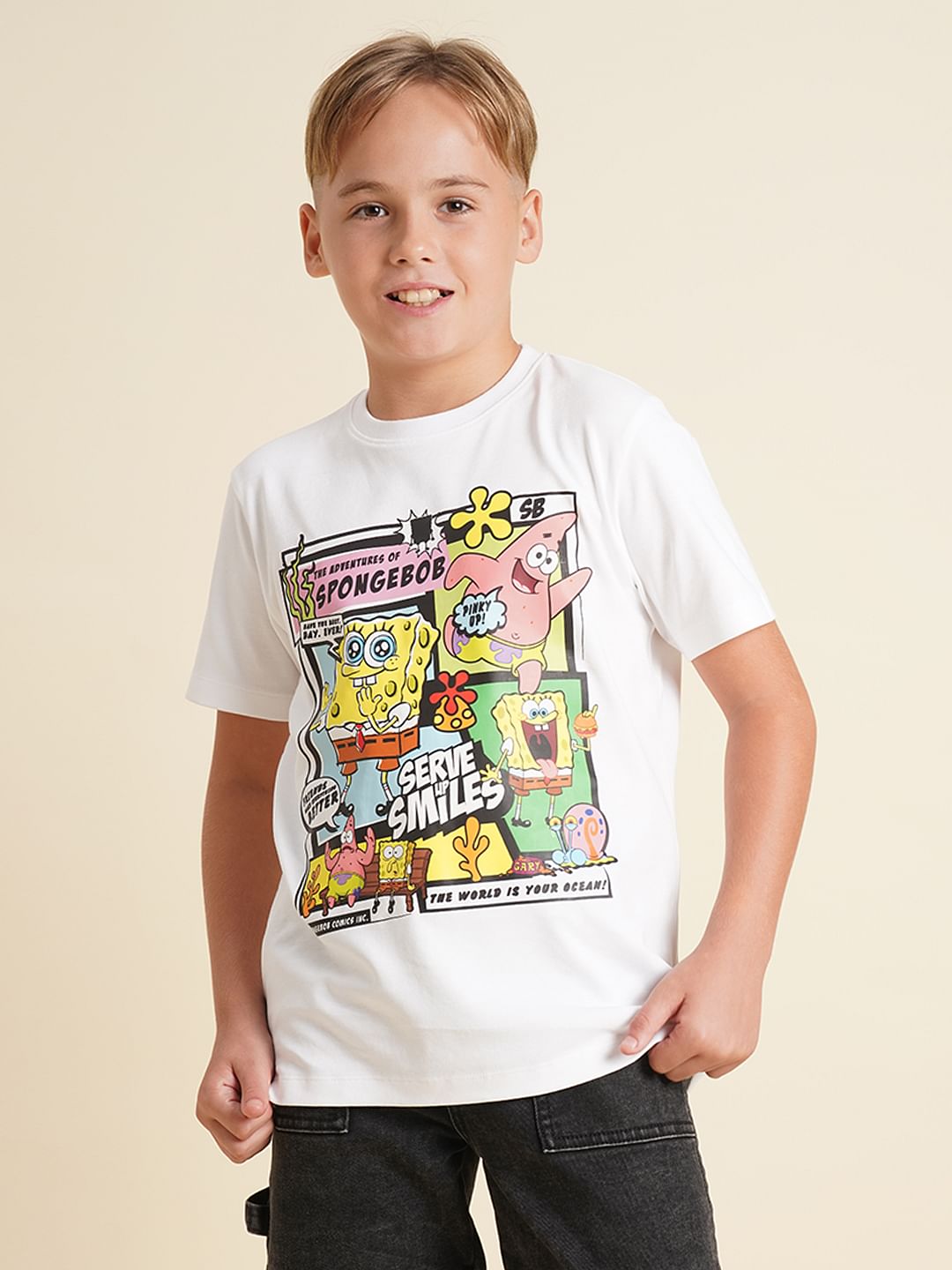 Boys White SpongeBob Print T-shirt