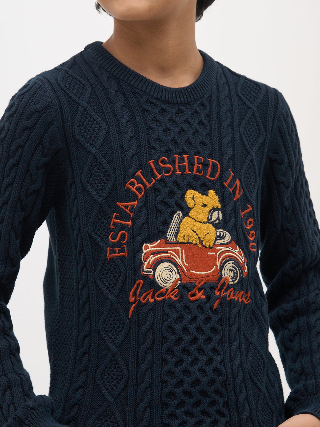 Boys Navy Blue Cotton Cable Knit Embroidered Sweater