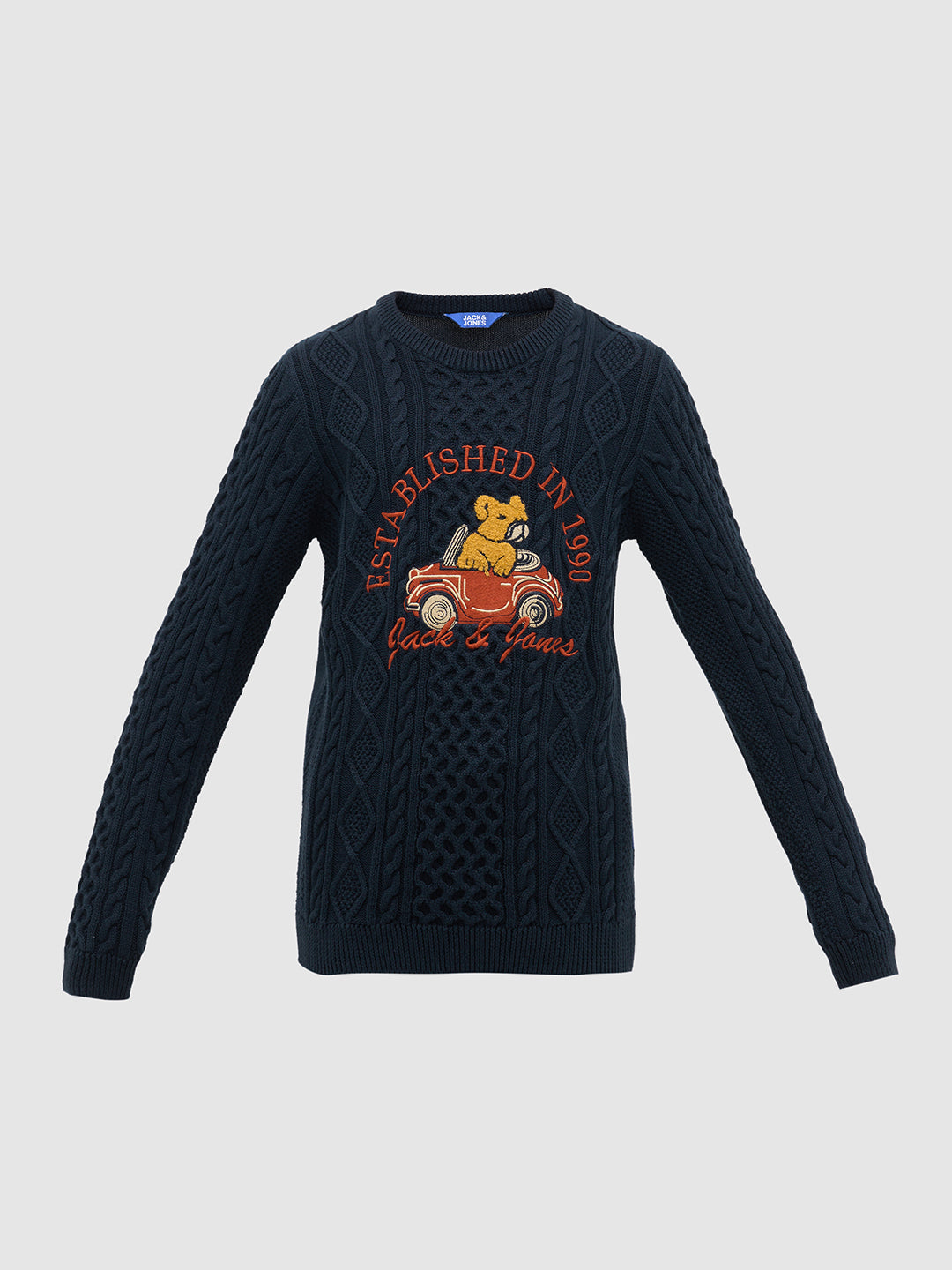 Boys Navy Blue Cotton Cable Knit Embroidered Sweater