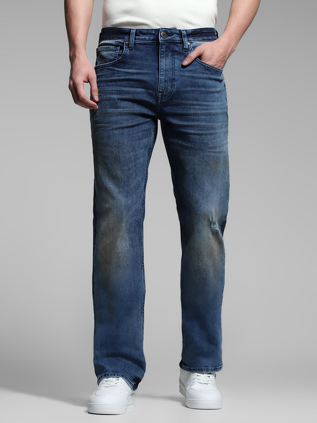 Blue Mildly Distressed Cliff Bootcut Jeans