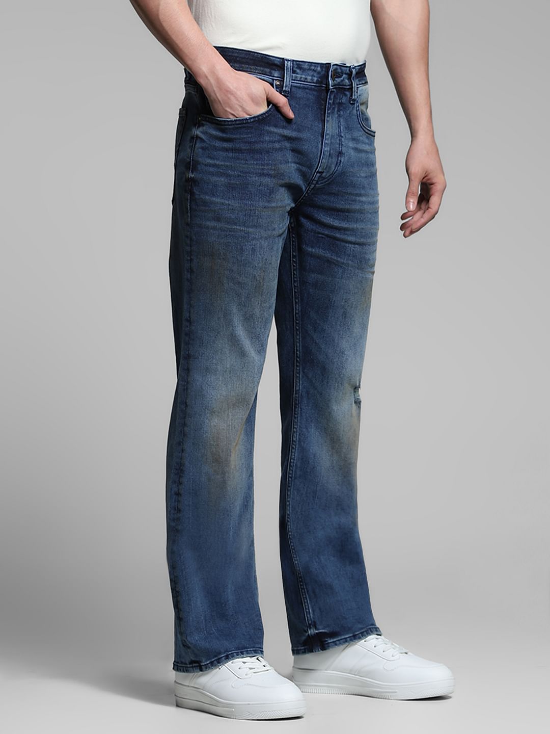 Blue Mildly Distressed Cliff Bootcut Jeans